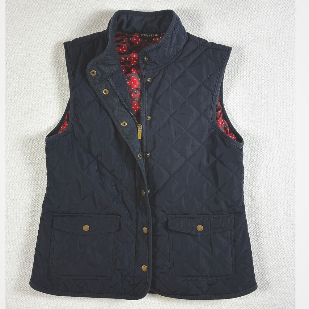 British Khaki Quilted Vest Navy Blue Preppy Equestrian Size L